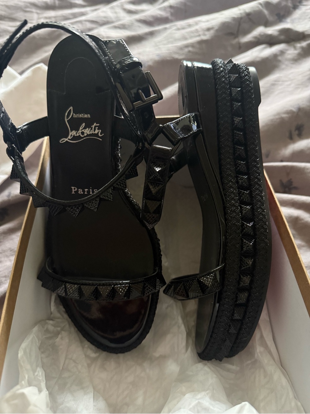 Christian Louboutin Black Patent Platform Studded Sandals pyraclou NEW